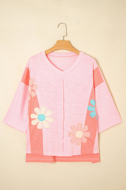 Mixed Daisy Applique Exposed Seam Oversized V Neck Top